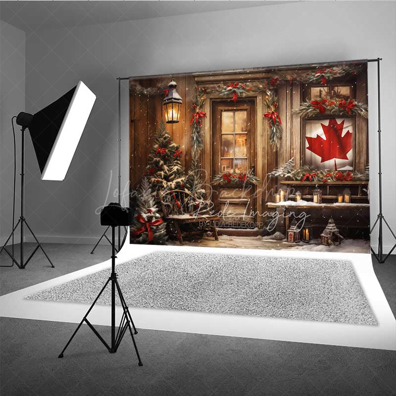 Lofaris Rustic Canadian Christmas Photography Backdrop Wood Cabin with Maple Leaf Flag Snowy Winter Holiday Photo Prop
