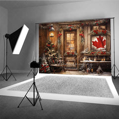 Lofaris Rustic Canadian Christmas Photography Backdrop Wood Cabin with Maple Leaf Flag Snowy Winter Holiday Photo Prop
