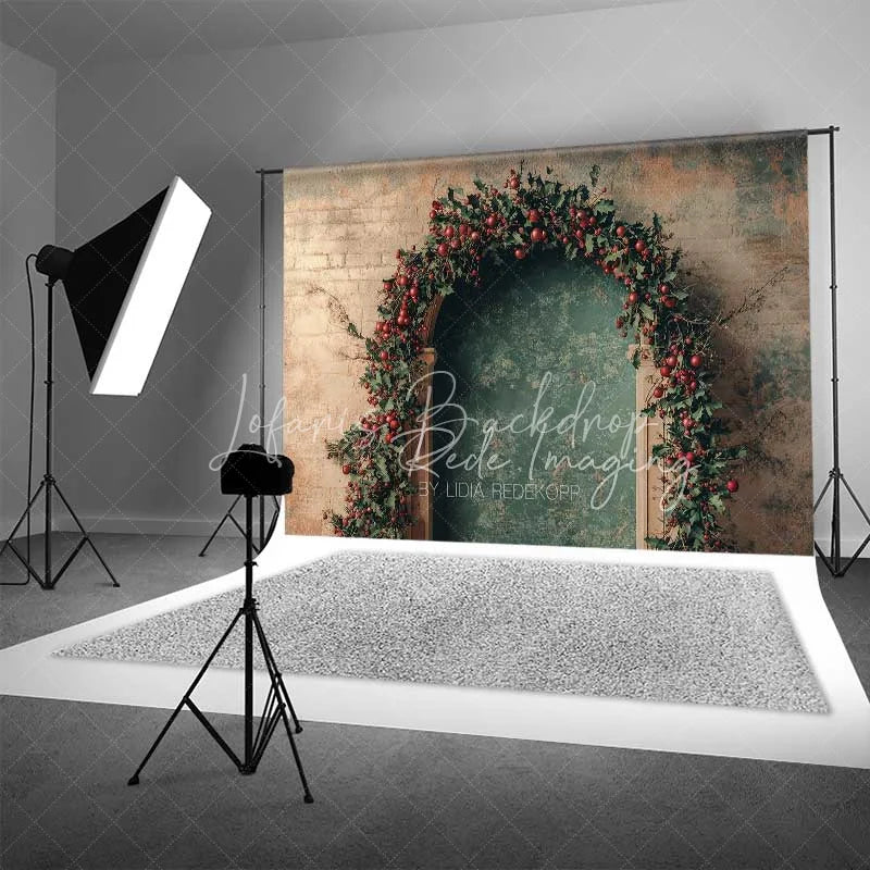 Lofaris Rustic Christmas Arch Backdrop Red Berry Garland Grunge Wall Vintage Doorway Photo Background