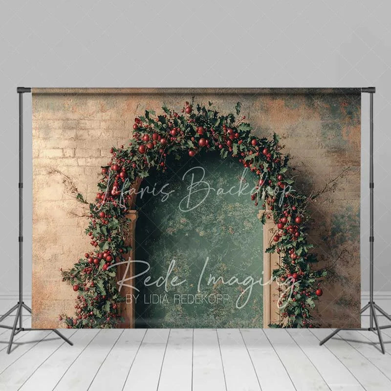 Lofaris Rustic Christmas Arch Backdrop Red Berry Garland Grunge Wall Vintage Doorway Photo Background