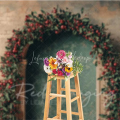 Lofaris Rustic Christmas Arch Backdrop Red Berry Garland Grunge Wall Vintage Doorway Photo Background