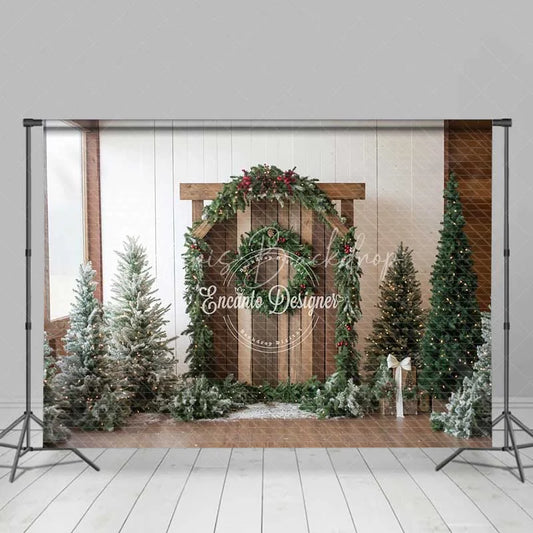 Lofaris Rustic Christmas Barn Backdrop Winter Greenery Arch Wood Door Photography Background