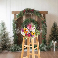 Lofaris Rustic Christmas Barn Backdrop Winter Greenery Arch Wood Door Photography Background