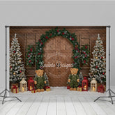 Lofaris Rustic Christmas Barn Door Photography Backdrop Flocked Trees and Teddy Bears Farmhouse Holiday Mini Sessions