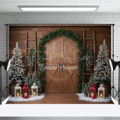 Lofaris Rustic Christmas Barn Door Photography Backdrop Flocked Trees in Snow Farmhouse Holiday Photo Background