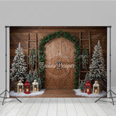 Lofaris Rustic Christmas Barn Door Photography Backdrop Flocked Trees in Snow Farmhouse Holiday Photo Background