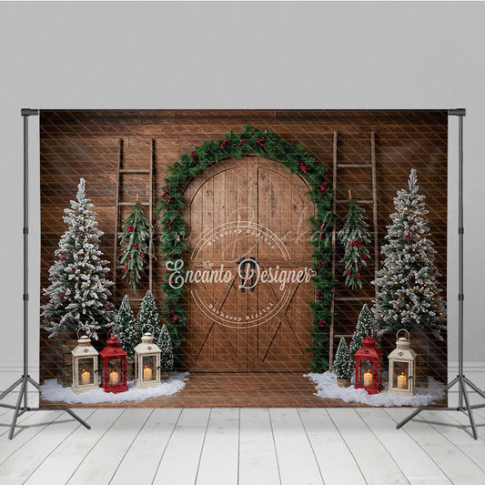 Lofaris Rustic Christmas Barn Door Photography Backdrop Flocked Trees in Snow Farmhouse Holiday Photo Background