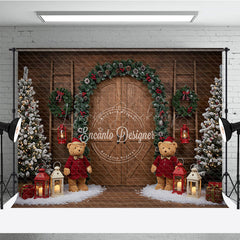 Lofaris Rustic Christmas Barn Door Photography Backdrop Flocked Trees with Teddy Bears Farmhouse Holiday Background