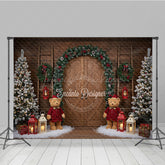Lofaris Rustic Christmas Barn Door Photography Backdrop Flocked Trees with Teddy Bears Farmhouse Holiday Background