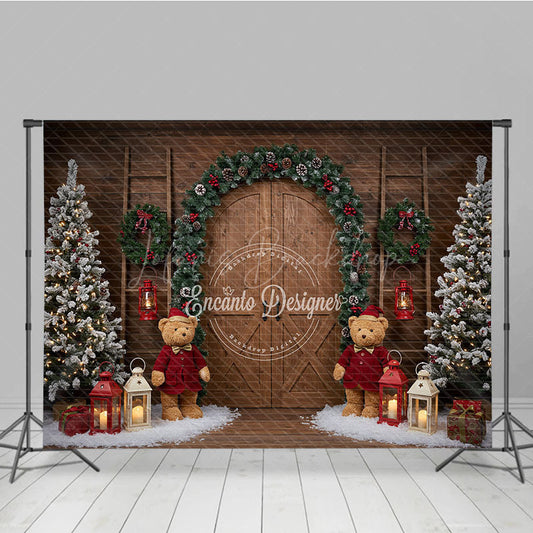Lofaris Rustic Christmas Barn Door Photography Backdrop Flocked Trees with Teddy Bears Farmhouse Holiday Background