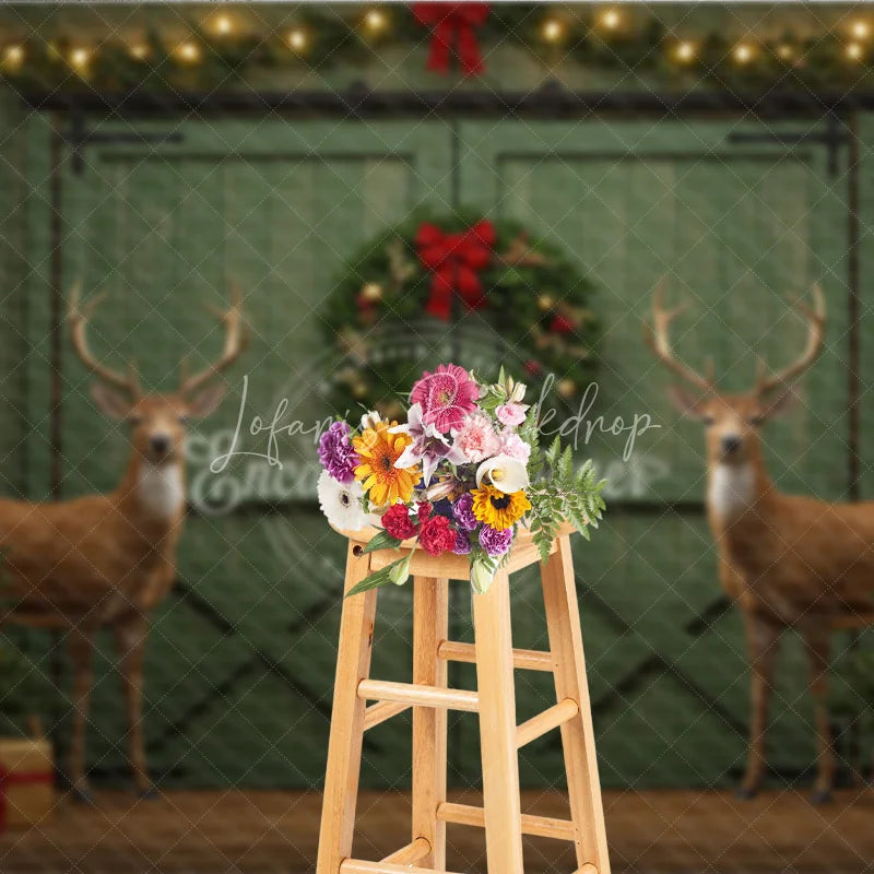 Lofaris Rustic Christmas Barn Door Photography Backdrop Green with Reindeer Farmhouse Holiday Photo Background