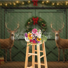 Lofaris Rustic Christmas Barn Door Photography Backdrop Green with Reindeer Farmhouse Holiday Photo Background