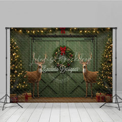 Lofaris Rustic Christmas Barn Door Photography Backdrop Green with Reindeer Farmhouse Holiday Photo Background