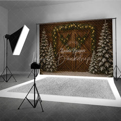 Lofaris Rustic Christmas Barn Door Photography Backdrop Snowy Trees with Garland and String Lights Holiday Background
