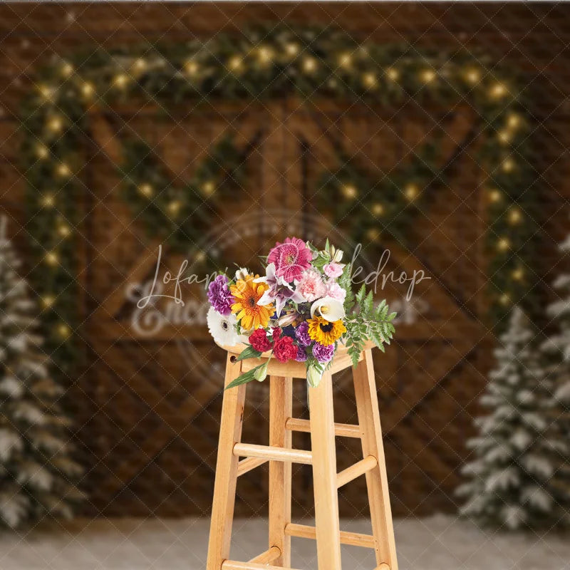 Lofaris Rustic Christmas Barn Door Photography Backdrop Snowy Trees with Garland and String Lights Holiday Background