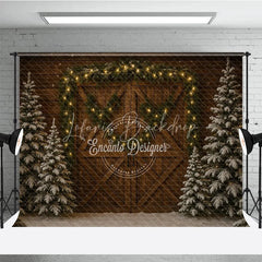 Lofaris Rustic Christmas Barn Door Photography Backdrop Snowy Trees with Garland and String Lights Holiday Background