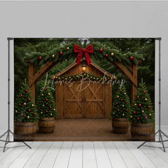 Lofaris Rustic Christmas Barn Photography Backdrop Wood Arch with Trees and Garland Farmhouse Holiday Photo Background