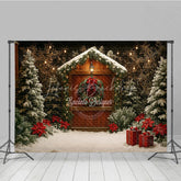 Lofaris Rustic Christmas Cabin Photography Backdrop Wood Barn in the Snow with Poinsettias Holiday Photo Background