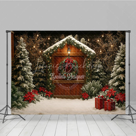 Lofaris Rustic Christmas Cabin Photography Backdrop Wood Barn in the Snow with Poinsettias Holiday Photo Background