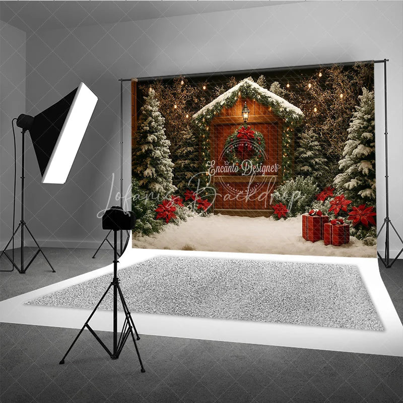 Lofaris Rustic Christmas Cabin Photography Backdrop Wood Barn in the Snow with Poinsettias Holiday Photo Background
