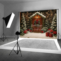 Lofaris Rustic Christmas Cabin Photography Backdrop Wood Barn in the Snow with Poinsettias Holiday Photo Background