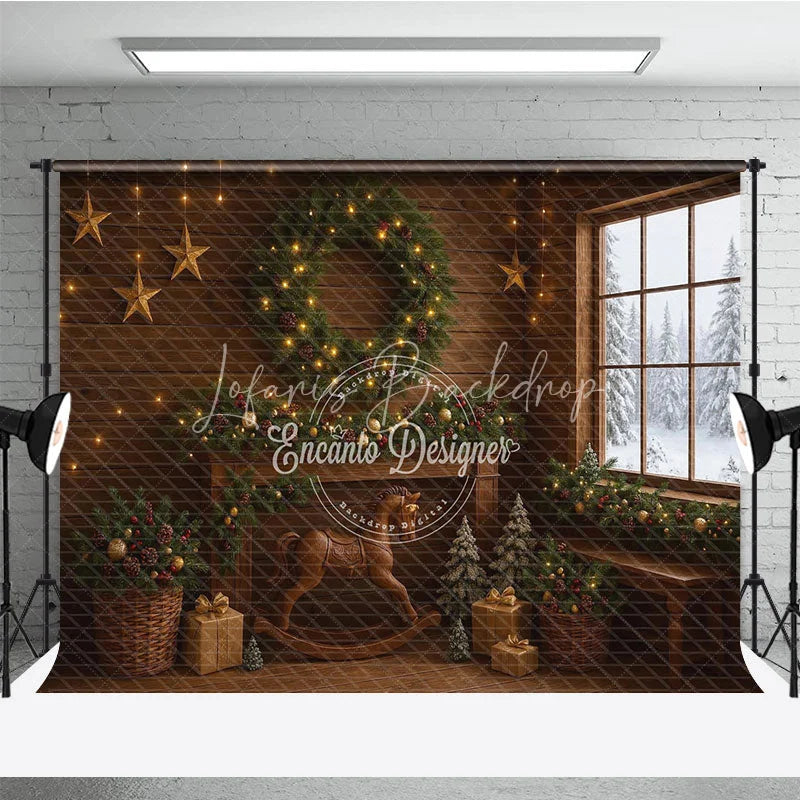 Lofaris Rustic Christmas Cabin Photography Backdrop Wood Wall with Rocking Horse Snowy Window Holiday Background