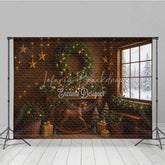 Lofaris Rustic Christmas Cabin Photography Backdrop Wood Wall with Rocking Horse Snowy Window Holiday Background