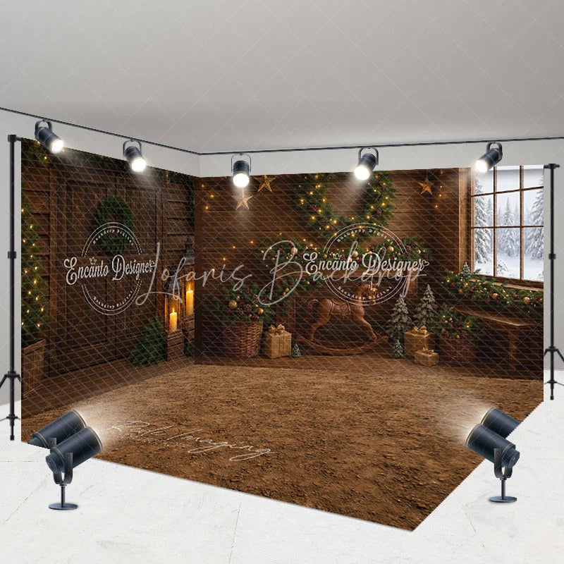 Lofaris Rustic Christmas Cabin Room Set Backdrop Wood Walls with Rocking Horse and Snowy Window Holiday Photo Studio