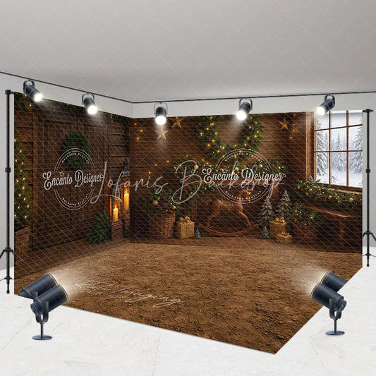 Lofaris Rustic Christmas Cabin Room Set Backdrop Wood Walls with Rocking Horse and Snowy Window Holiday Photo Studio