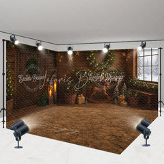 Lofaris Rustic Christmas Cabin Room Set Backdrop Wood Walls with Rocking Horse and Snowy Window Holiday Photo Studio