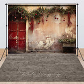 Lofaris Rustic Christmas Door and Wood Floor Combo Set Backdrop Vintage Red with Berry Garland Holiday Photo Prop