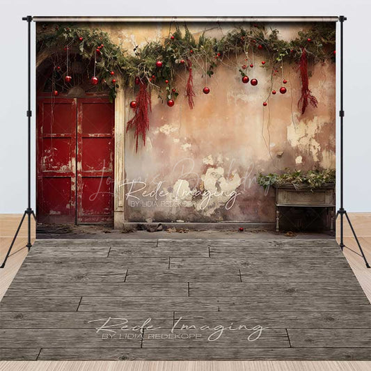 Lofaris Rustic Christmas Door and Wood Floor Combo Set Backdrop Vintage Red with Berry Garland Holiday Photo Prop