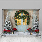 Lofaris Rustic Christmas Door Photography Backdrop Blue in Snow with Garland Winter Holiday Photo Background