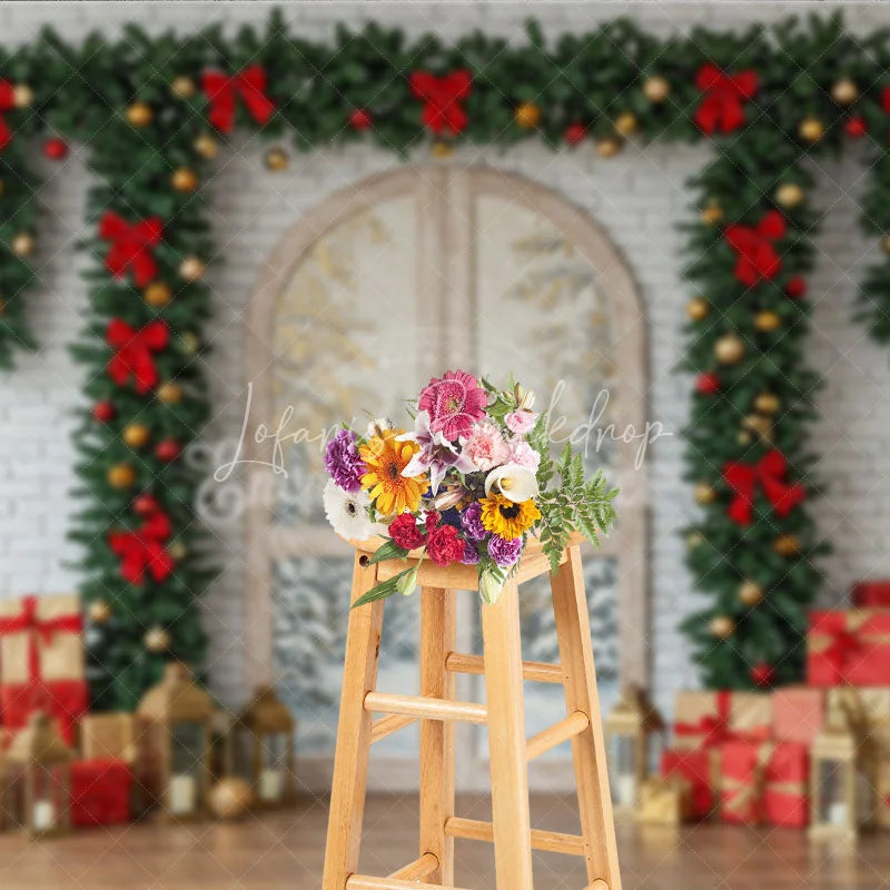 Lofaris Rustic Christmas Door Photography Backdrop White Brick Wall with Garland Farmhouse Holiday Photo Background