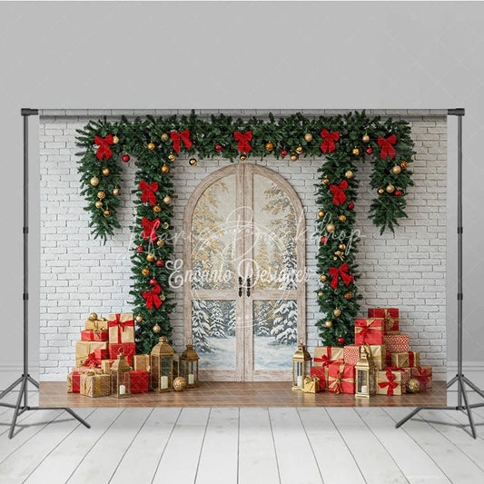 Lofaris Rustic Christmas Door Photography Backdrop White Brick Wall with Garland Farmhouse Holiday Photo Background