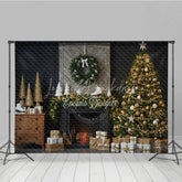 Lofaris Rustic Christmas Fireplace Photography Backdrop Barn Door Mantle with Skates Farmhouse Holiday Photo Background
