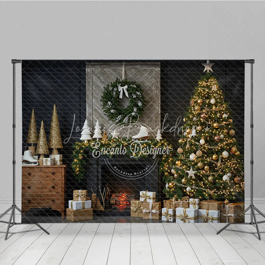 Lofaris Rustic Christmas Fireplace Photography Backdrop Barn Door Mantle with Skates Farmhouse Holiday Photo Background