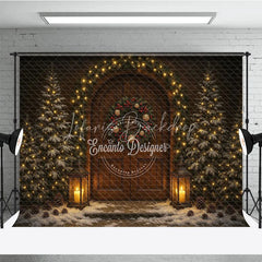 Lofaris Rustic Christmas Front Door Photography Backdrop Snowy Porch with Garland and Lanterns Holiday Photo Background