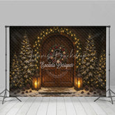 Lofaris Rustic Christmas Front Door Photography Backdrop Snowy Porch with Garland and Lanterns Holiday Photo Background