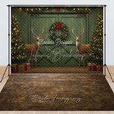 Lofaris Rustic Christmas Green Barn Door Combo Set Backdrop Reindeer with Flocked Trees and Wood Floor Holiday Photo Studio