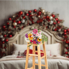Lofaris Rustic Christmas Headboard Photography Backdrop Frosted Garland with Red Ornaments Farmhouse Bedroom Photo Prop