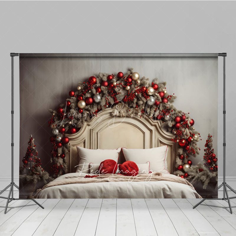 Lofaris Rustic Christmas Headboard Photography Backdrop Frosted Garland with Red Ornaments Farmhouse Bedroom Photo Prop