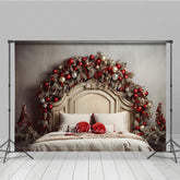 Lofaris Rustic Christmas Headboard Photography Backdrop Frosted Garland with Red Ornaments Farmhouse Bedroom Photo Prop