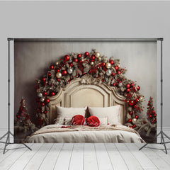 Lofaris Rustic Christmas Headboard Photography Backdrop Frosted Garland with Red Ornaments Farmhouse Bedroom Photo Prop