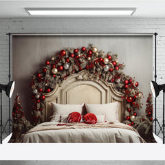 Lofaris Rustic Christmas Headboard Photography Backdrop Frosted Garland with Red Ornaments Farmhouse Bedroom Photo Prop