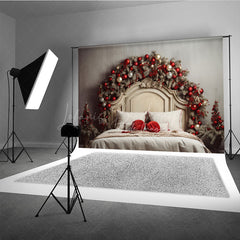 Lofaris Rustic Christmas Headboard Photography Backdrop Frosted Garland with Red Ornaments Farmhouse Bedroom Photo Prop