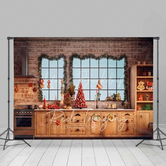 Lofaris Rustic Christmas Kitchen Backdrop Brick Wall Large Windows Red Berry Tree Baking Scene Photo Background
