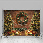 Lofaris Rustic Christmas Photography Backdrop Brick Wall with Trees and Wreath Bokeh Lights Holiday Photo Background
