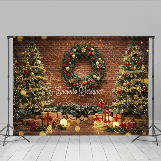 Lofaris Rustic Christmas Photography Backdrop Brick Wall with Trees and Wreath Bokeh Lights Holiday Photo Background