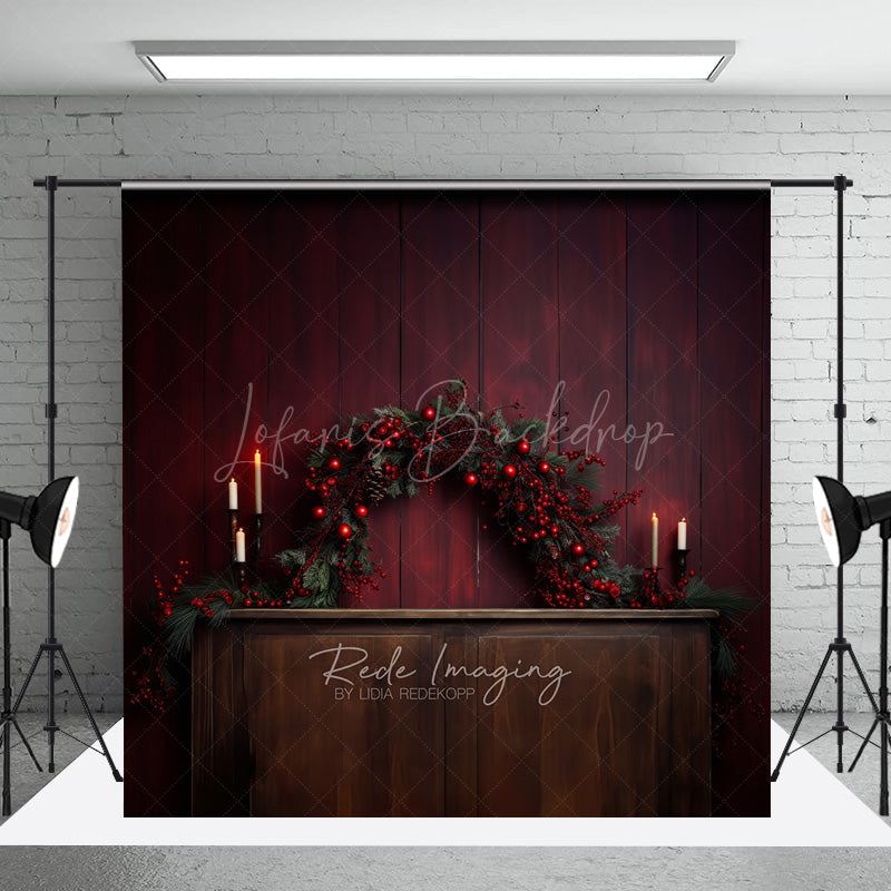 Lofaris Rustic Christmas Photography Backdrop Fireplace Mantel with Red Berry Garland Moody and Elegant Holiday Prop